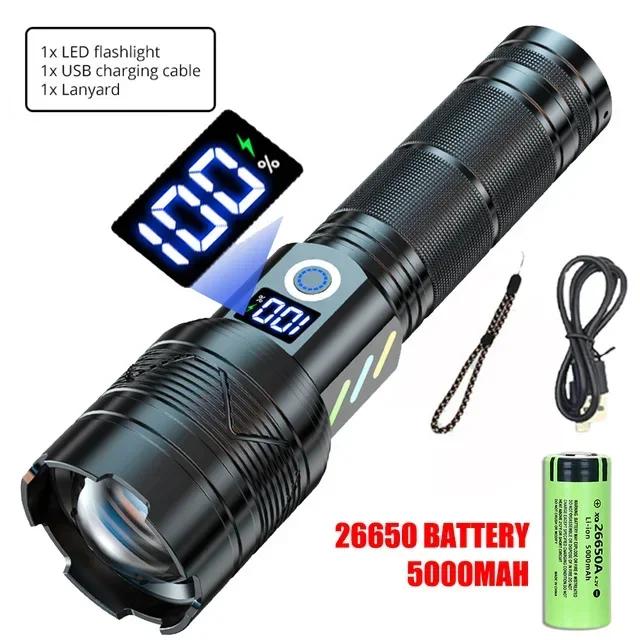 Powerful 60W LED Flashlight USB Rechargeable Tactical 26650 Torch with Power Display Super Bright Long Range Camping Lantern