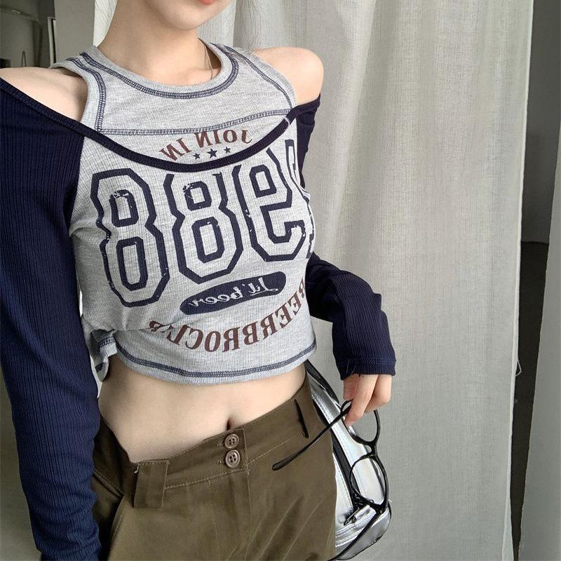 Frühlings- und Herbst-Damenbluse mit Rundhalsausschnitt, Buchstabenaufdruck, schulterfrei, lange Ärmel