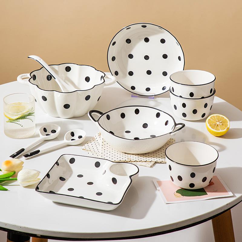 Polka Dot Square Dumplings Plates New Household Ceramic Dividing Plate with Vinegar Dish Creative Underglazed Colour Tableware