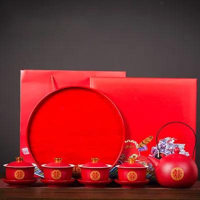 Chinese Style Double Happiness Porcelain Tea Set, Teapot and Cups, Gaiwan with Saucer, Ceremony Set Gifts, Wedding Celebration