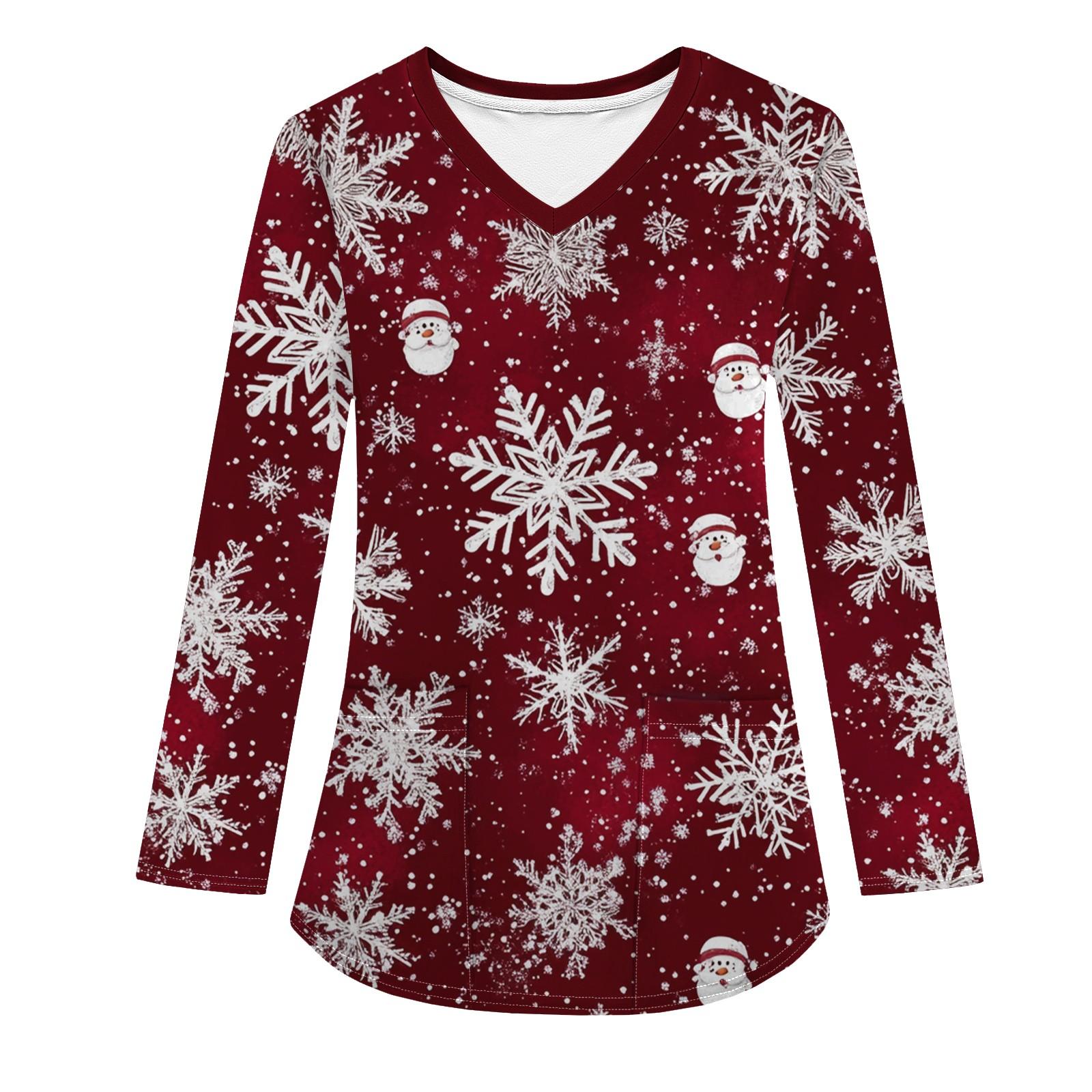

Женская модная рабочая одежда с V-образным вырезом, длинным рукавом и карманом, рождественский принт, футболка, топ XL винный