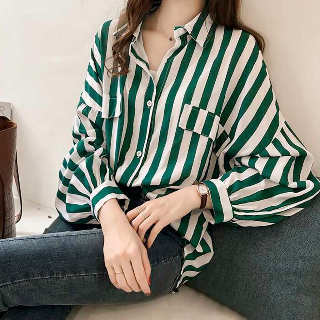 

Весенняя новая свободная полосатая рубашка большого размера, женская рубашка с длинными рукавами, тонкое пальто S зелёный
