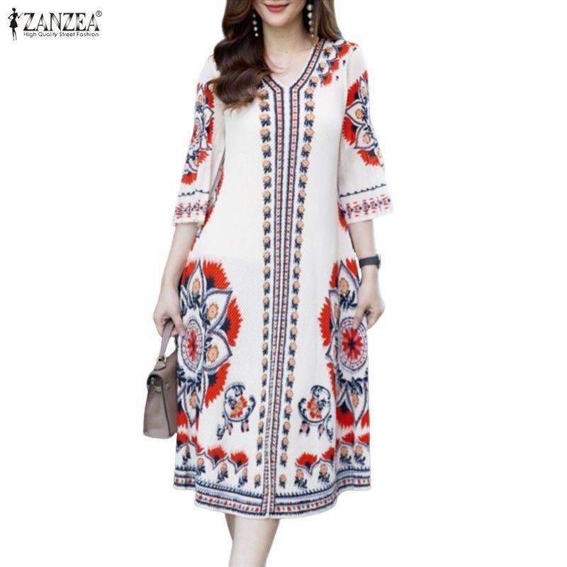 ZANZEA Women Ethnic Print Casual V-Neck 3/4 Sleeve Loose Dress