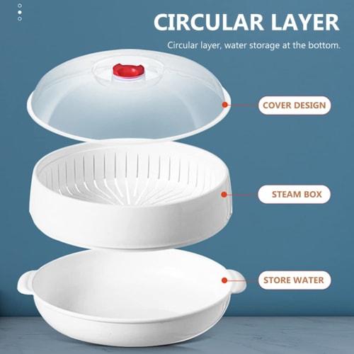 BEBEMOKO Microwave Steamer with Clear Lid, Steaming Plate for Even Food Heating, Water Retention Design, Kitchen Cookware