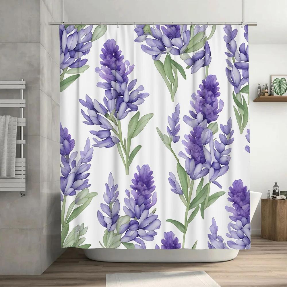 Purple Lily Shower Curtain Waterproof Home Decor Bathroom Window Decoration Floral Printed Bath Mat White Green Background Patte