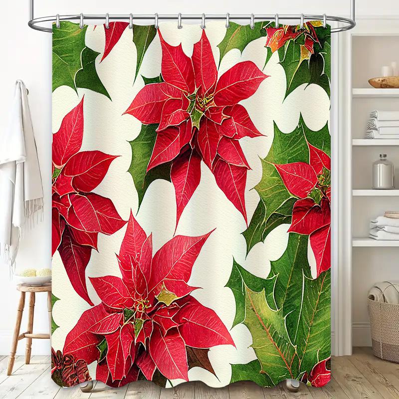 Christmas-themed shower curtain with red poinsettias for bathroom decor waterproof fabric suitable for all seasons #home-decor