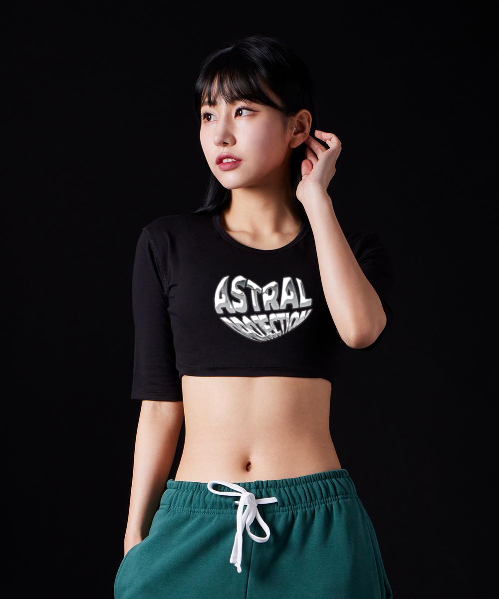 Astral Projection Chrome Heart Supima Spandex 5-Quarter Sleeve Short Crop Top_Black Free