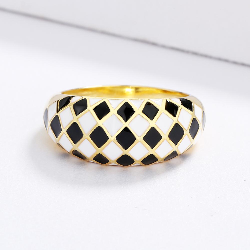 Anel feminino para anel preto e branco anel xadrez da moda anel feito à mão esmalte festa joias anel de noivado anel de casamento
