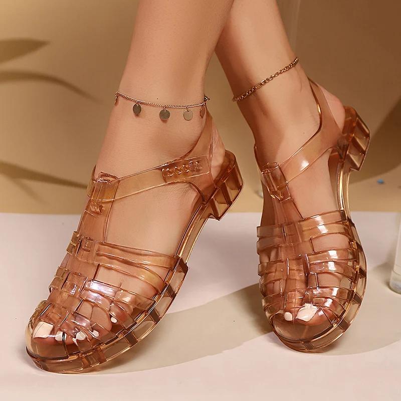Fashion Women's Transparent Roman Sandals 2025 Closed Toe Low Heels Summer Sandals Women Fashion Woven Non Slip Beach Sandles Woman