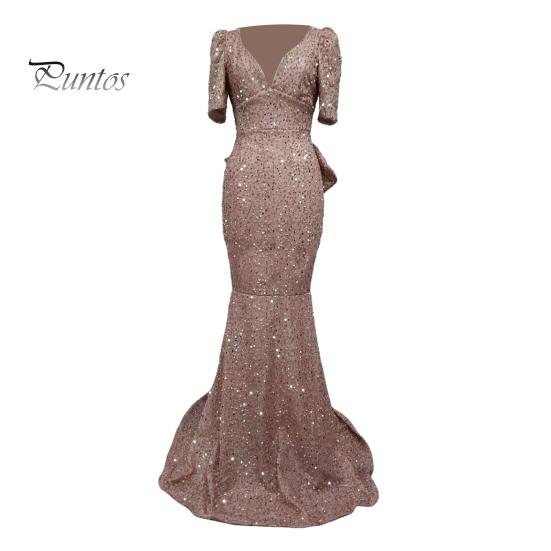 Women Evening Dress Shimmering Sequin Short Bubble Sleeves V Neck Slim Fit Floor Length Big Bow At Back Mid Waist Cocktail Party Wedding Banquet Maxi