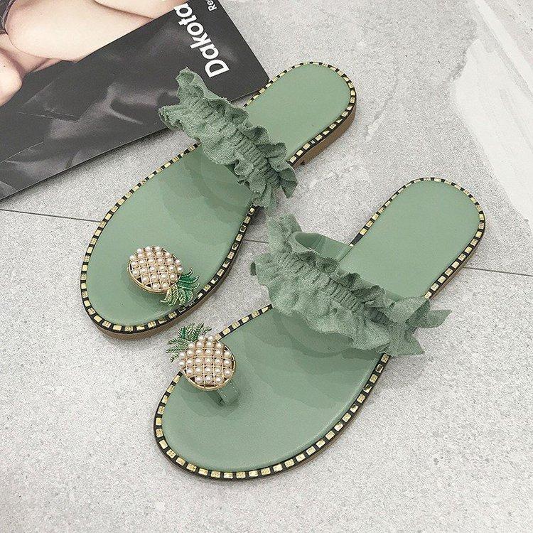 

Fashion Large size sandals 2025 summer new cute rhinestone pineapple toe slippers sweet lace flat shoes 37 зелёный