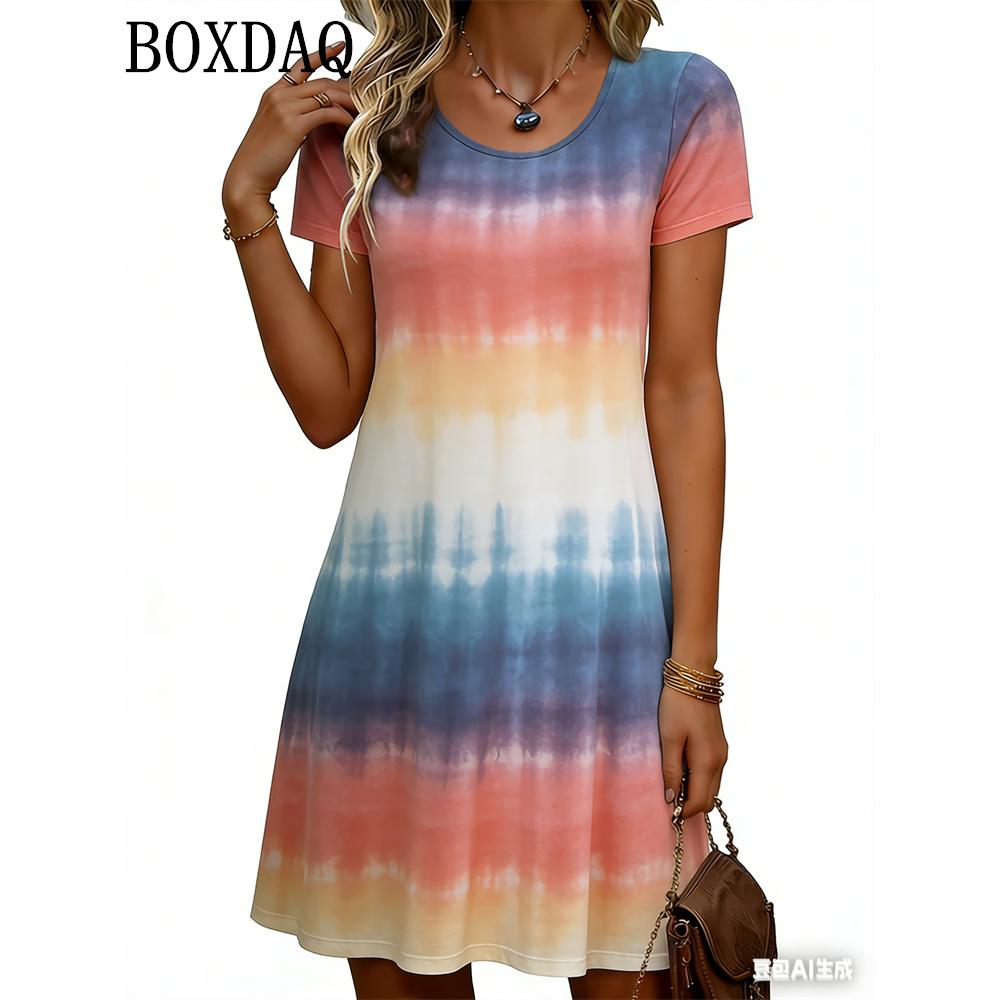 Tie Dye Gradient Print Dresses For Women 2026 Summer Clothing Fashion Striped 3D Print Loose Short Sleeve Dress Women's Casual