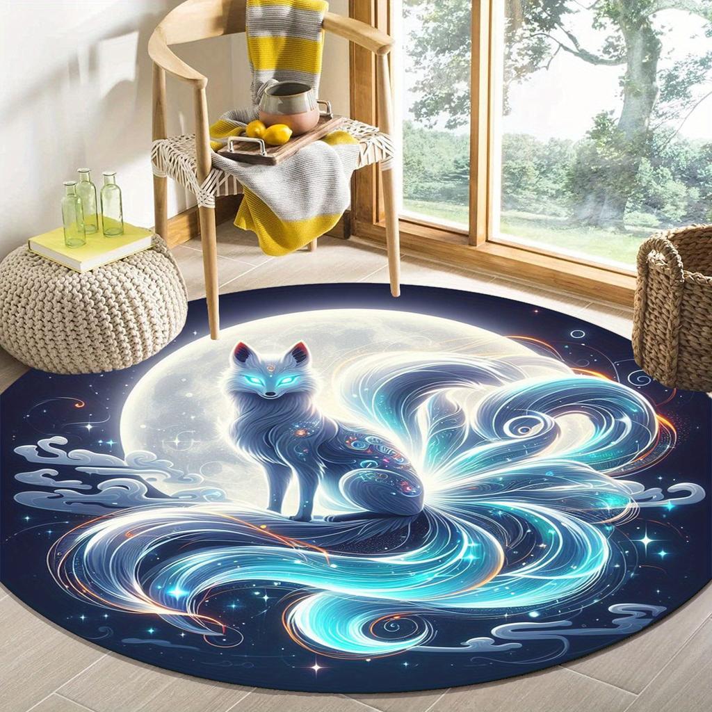 Mystical Nine-Tailed Fox in Moonlight Round Rug – Anti-Slip Crystal Velvet Carpet with Enchanting Blue & Turquoise Design, Perfe