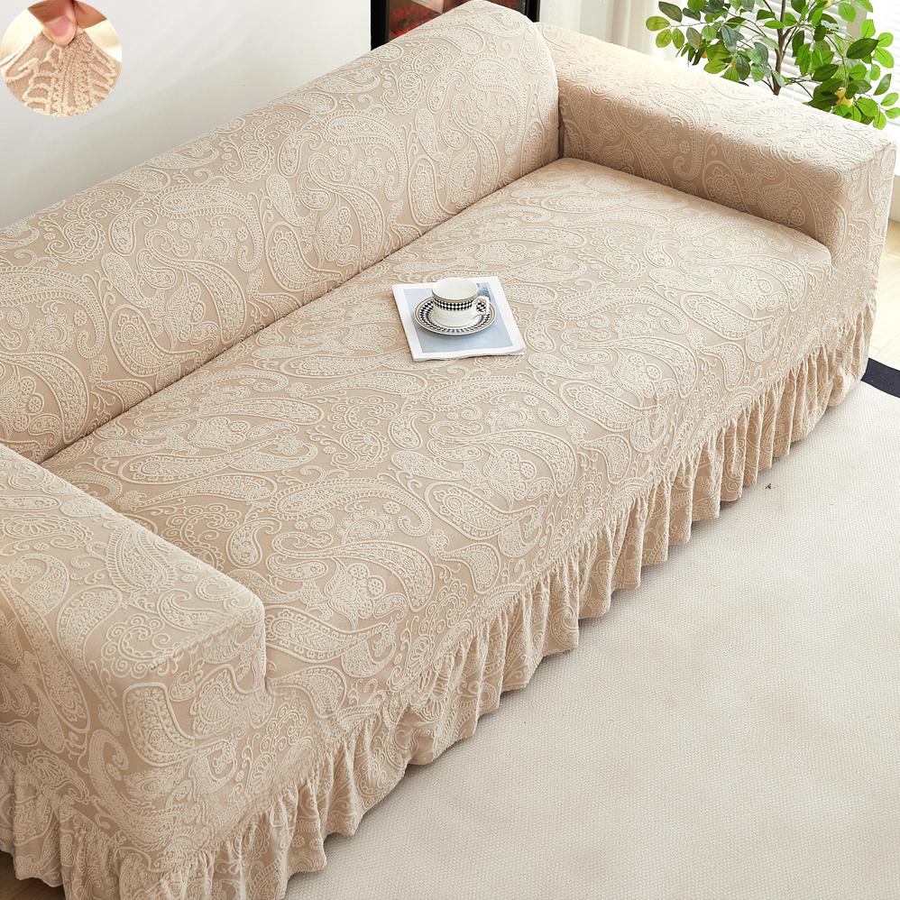 Non-slip Stretch Couch Cover 1/2/3/4 Seater Jacquard Solid Color Sofa Cover With Skirt for Bedroom Office Living Room Home Decor