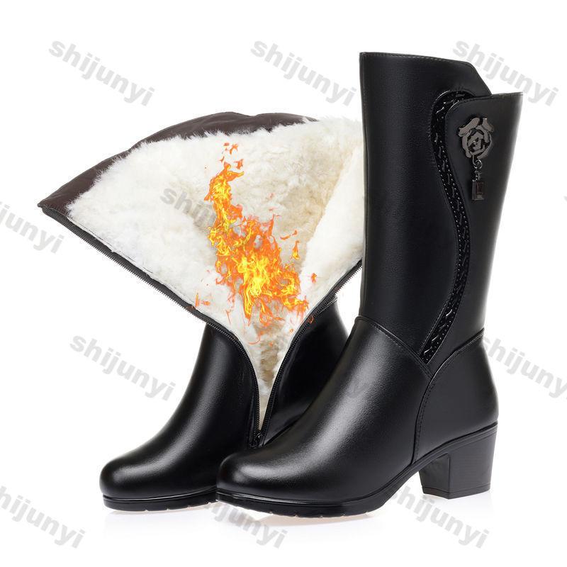 Fashion Women Pointed Toe Knee High Boots Winter New Trend Chunky Pumps Fashion Mid-calf Fleece Warm Shoes Ladies High Heel Cotton Shoes