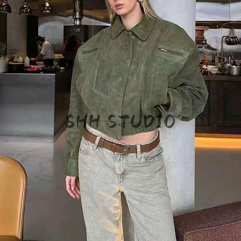 Fall Women's Clothing American Retro Sweet Cool Lapel Long Sleeves Zipper Short Work Clothes Motorcycle Jacket