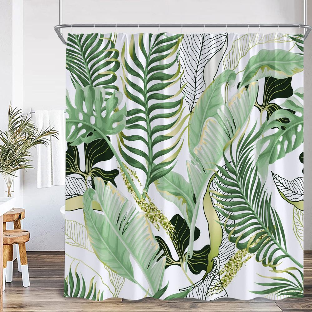 Tropical Leaf Shower Curtain Green Leaves Palm Monstera Banana Leaf Nordic Polyester Bath Curtain Modern Home Decor For Bathroom