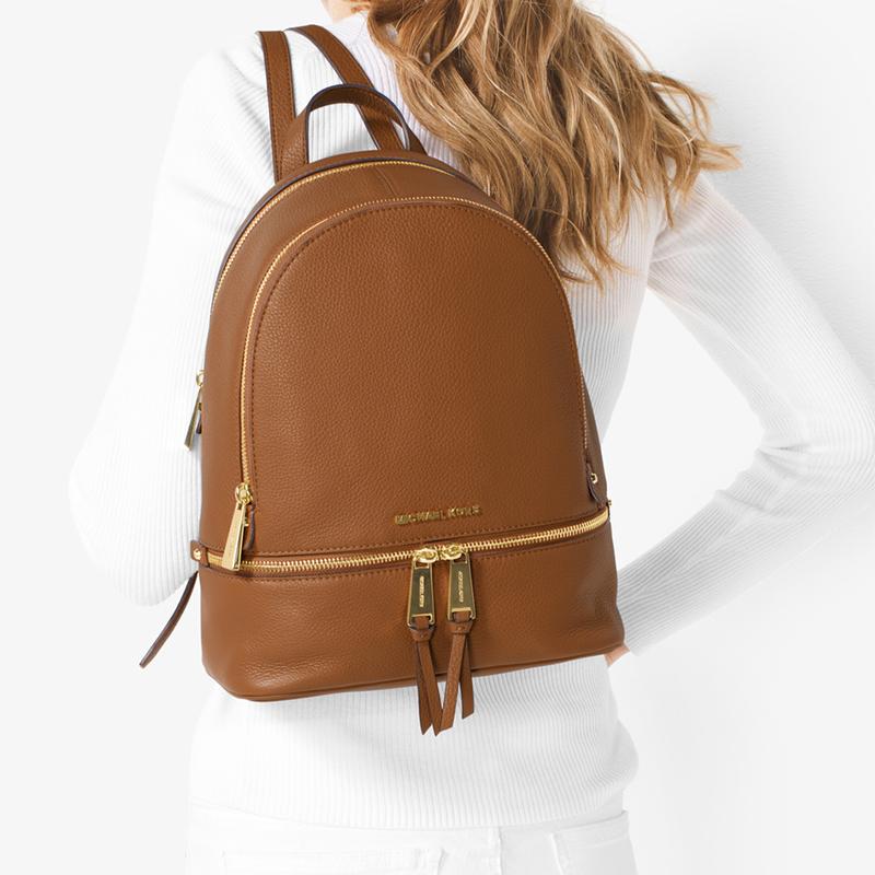 MICHAEL KORS Rhea Zip classic solid color commuter business leather backpack medium size women's leather brown