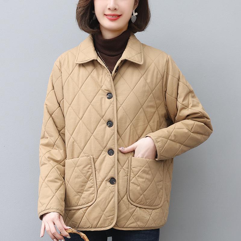 

Новая модная легкая стеганая хлопковая куртка для мамы - Повседневная однотонная для женщин среднего и пожилого возраста XL (115-130 jin) хаки