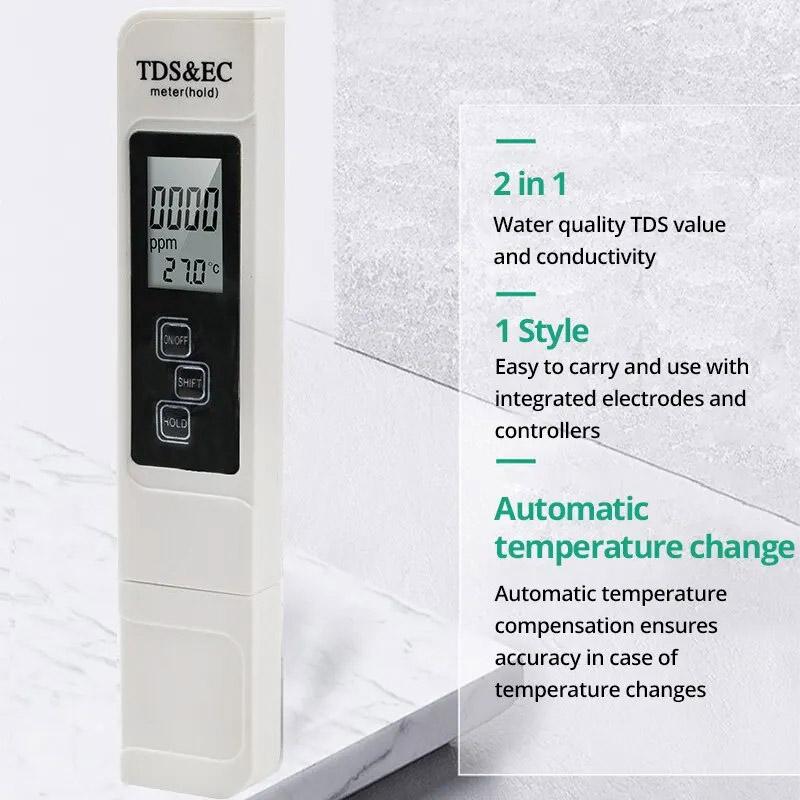 TDS Pen EC Conductivity Tester Household Water Quality Test Pen Large Screen Display Meter Range 0 To 9990 for Travel Outdoor