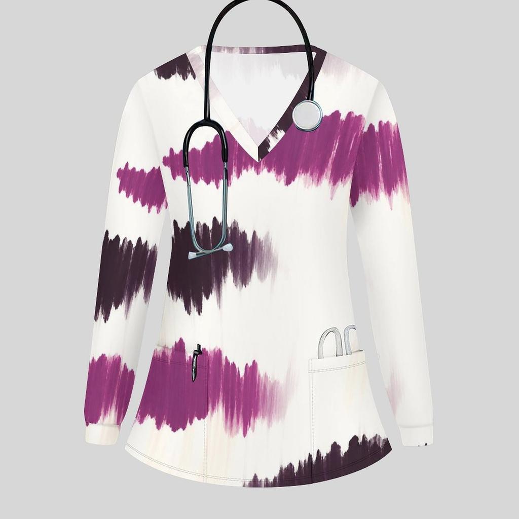 Women Plus Size Blue Marble Printed Nurse Scrub Top V Neck Long Sleeve With Pockets