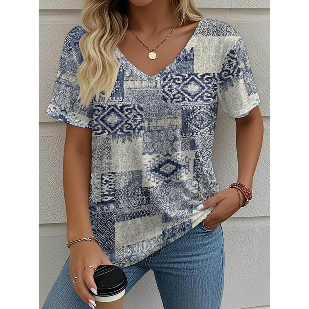 Summer V-neck Vintage 3D Printed Top Fashionable Casual Short Sleeved Women's T-shirts
