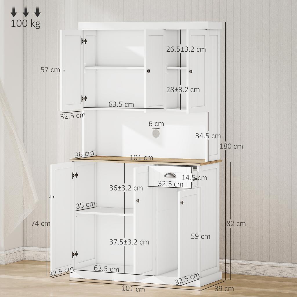 180cm Freestanding Kitchen Cabinet, Modern Storage Cupboard with Open Countertop, Drawer and 6 Doors, White