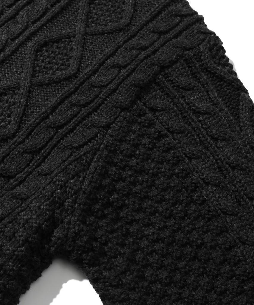 TRILLION Washable Aran Cable Hooded Zip-Up Knit (Pure Black)