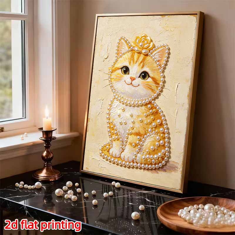 DIY Frameless Pearl Painting Kit Cute Cat 3D Shiny Bead Art Canvas Relaxing Creative Craft for Home Wall Decor Gift