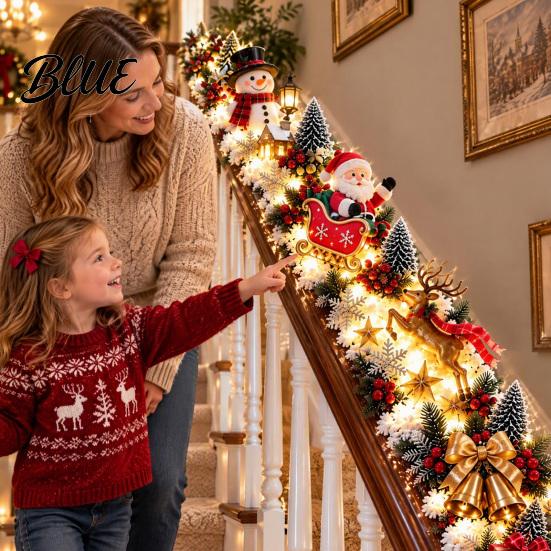 Holiday Entryway Stair Snowy Banister Decor Warm Sleigh Railing Garland Santa LED Lighted Decoration Pre-Lit