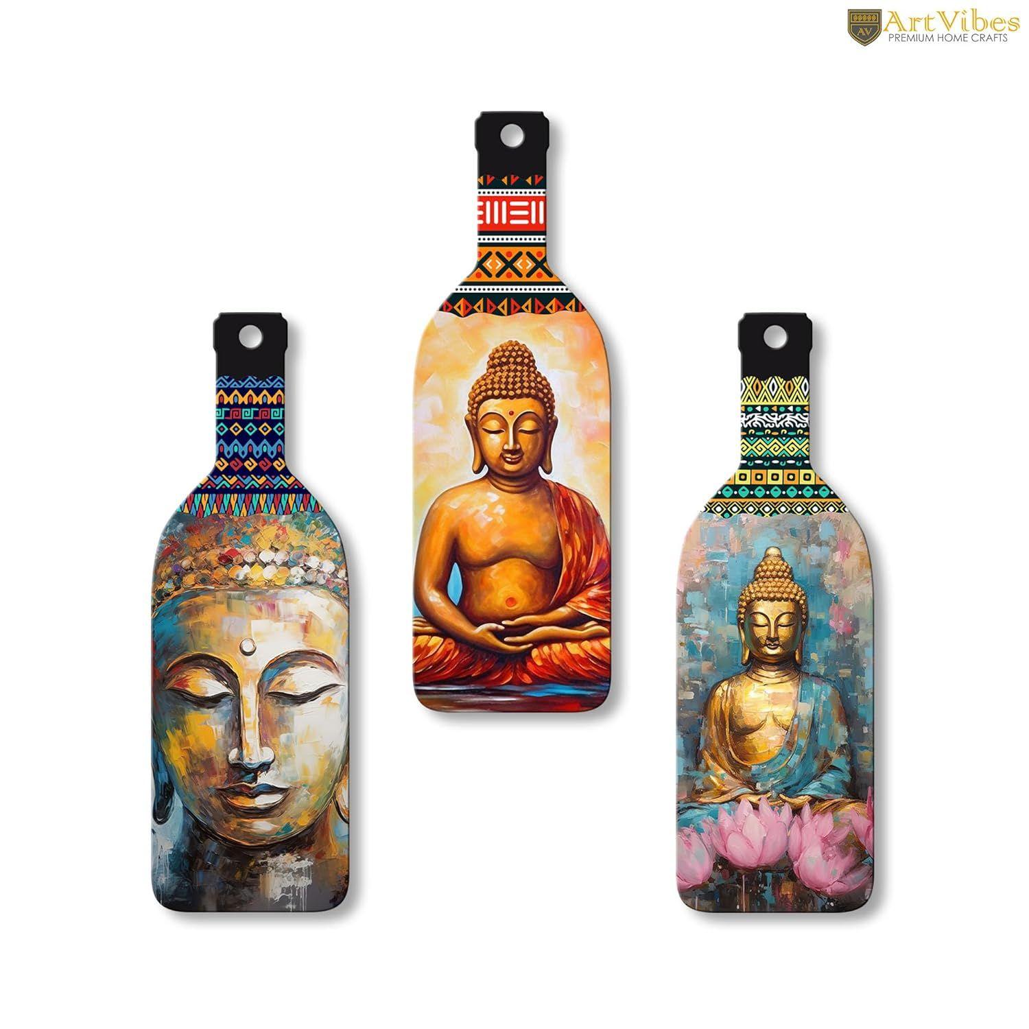 Artvibes Meditating Gautam Buddha Bottle shaped Wooden Wall Hanging | Spiritual Decor Items |