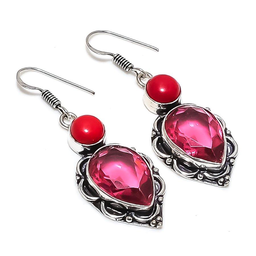 Natural Pink Rubillite, Coral 925 Sterling Silver Jewelry Earring 2.09" m6z15