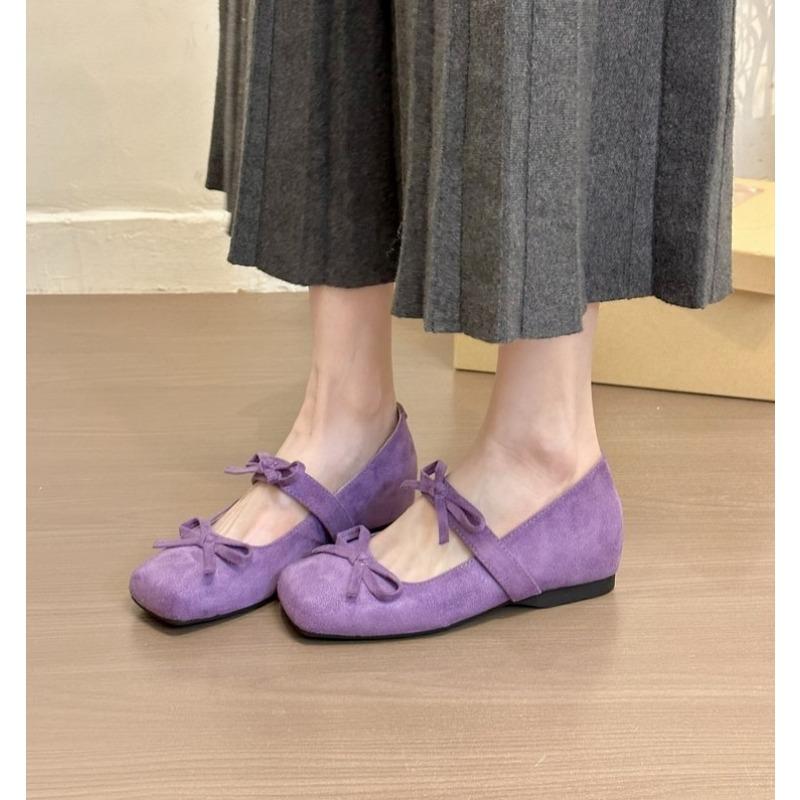 2025 Spring and Autumn New Elegant Style Mary Jane Purple Suede Double Bow Fashion Single Shoes Square Toe Height Increase