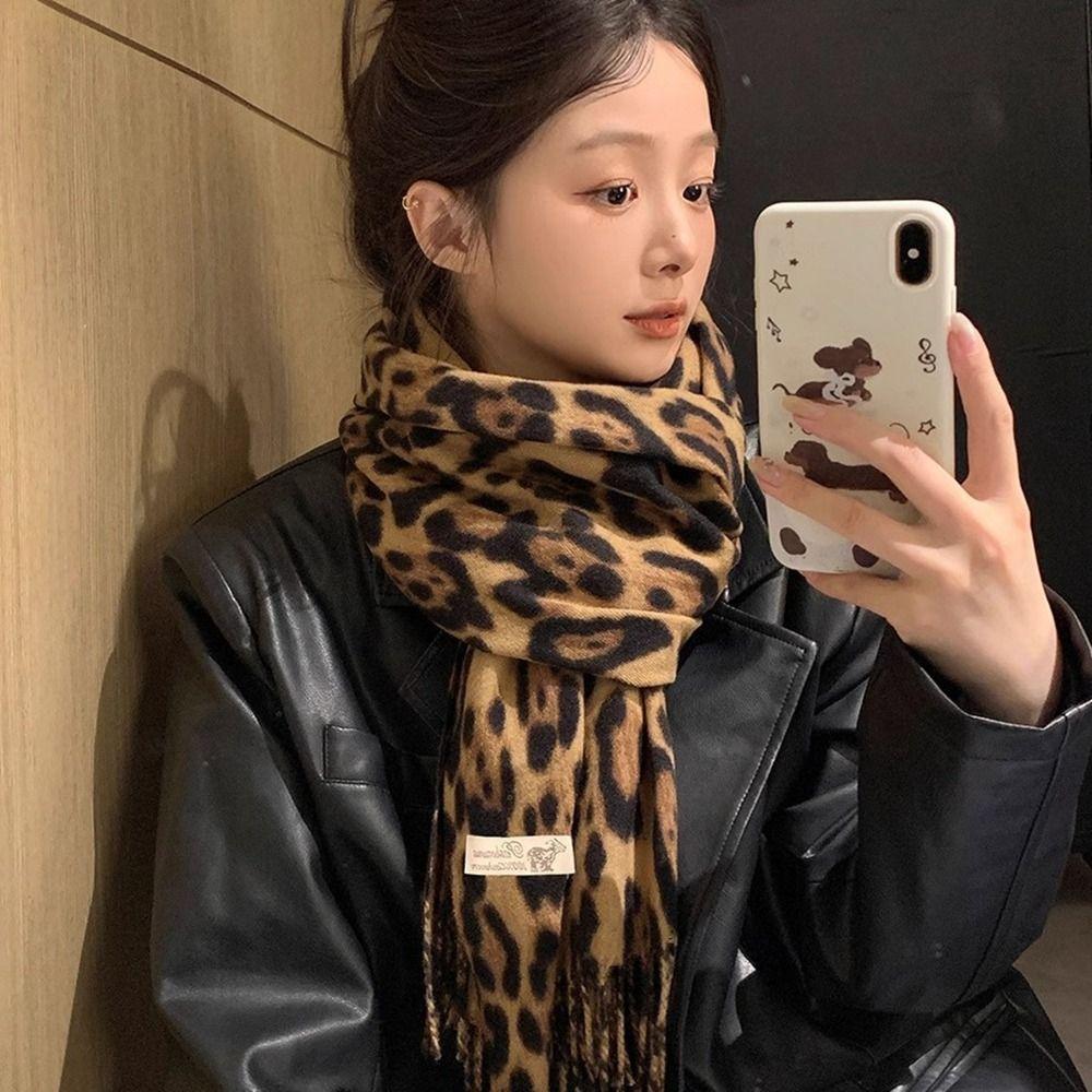 

Sweet Cool Leopard Pattern Scarf Warm Wool Shawl Elegant Tassel Scarves Autumn Winter хакі
