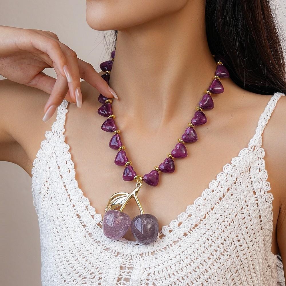 Love Heart Beadeds Women Cherry Necklace Acrylic Bohemia Choker Creative Cherry Pendant  Beach