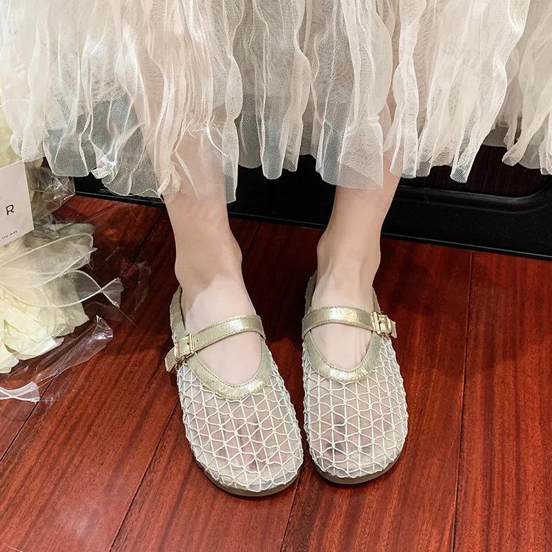 Fashion Women's Flat Slippers 2025 Summer Sandals Luxury Ballet Flats Mesh Mary Jane Shoes Ladies Summer Loafers Fashion Half Slippers