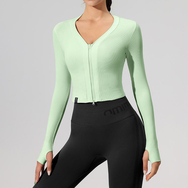 

Женский кросс-бордер фитнес спортивный топ с длинным рукавом и молнией для бега, тренировок и йоги Medium зелёный