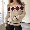New Diamond-shaped Casual and Laid-back Lapel One-shoulder Pullover Knitted Sweater for Women In Autumn and Winter