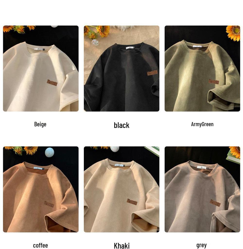 Men's Oversized Brown Suede Retro Round Neck Short-Sleeve T-Shirt