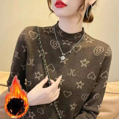 Women's Fleece Half-High Neck Thickened Warm Base Layer Top Versatile Long-Sleeved Slim-Fit T-Shirt for Autumn and Winter