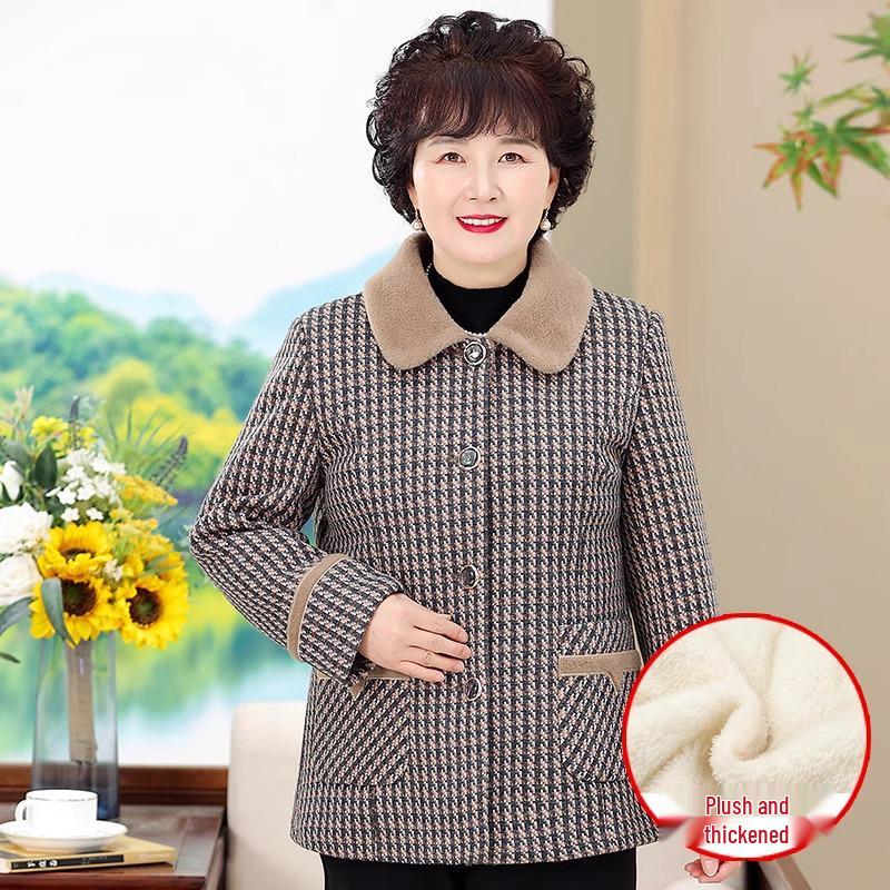 

Женское клетчатое короткое зимнее пальто для пожилых - Утепленное, на флисовой подкладке, Модный бабушкин стиль 2XL (100-115 jin)