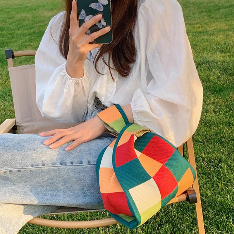 Luxury Design Stripe Knitted Small Handbag and Purse Fashi Korean Trendy Travel Shoulder Bag Wrist Bag Summer Shopper Tote