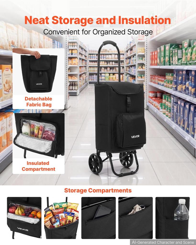 Chariot de Courses Pliable à Roulettes pour Courses Noir, Chariot utilitaire roulant 2-en-1 avec Sac détachable, Poignée en Mousse Souple, Rangement