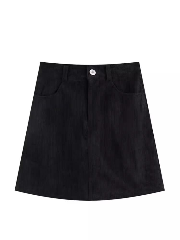 Women's High Waist Khaki Corduroy Midi Skirt - Slimming A-Line for Autumn/Winter