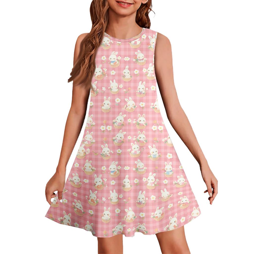 Girl Summer Dress Sleeveless Printed Color Casual Dress