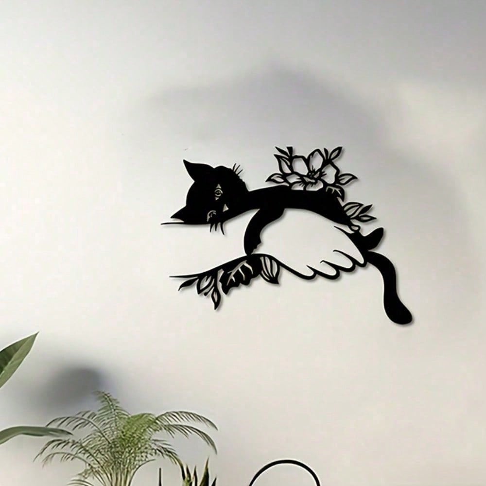 Art Deco Iron Wall Art with Cat and Floral Motif Indoor Outdoor Rust Proof Decor