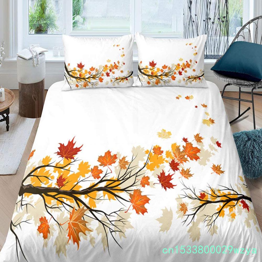 Maple Leaves Polyester Duvet Cover Set Fall Theme Comforter Cover With Pillowcase King Queen Size For Kids Boys Girl Bedding Set