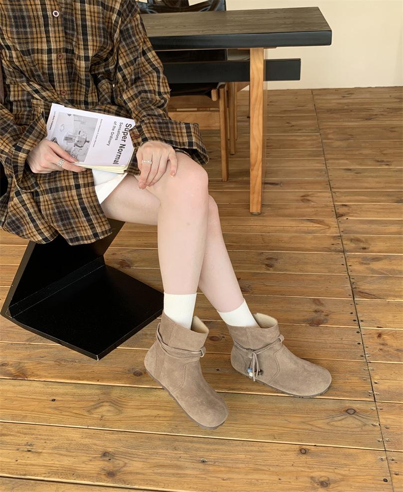 

Маленький спаситель толстых ног! Ретро ковбойские сапоги с круглым носком и толстым каблуком, матовые сапоги с бахромой, осенне-зимние короткие сапоги 39 хаки