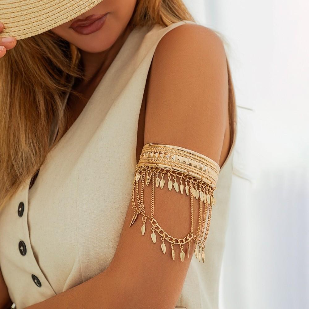 Coin Leaf Golden Metal Cuff Bangle Trendy Boho Open Armlet Creative Tassel Arm Chain  Party