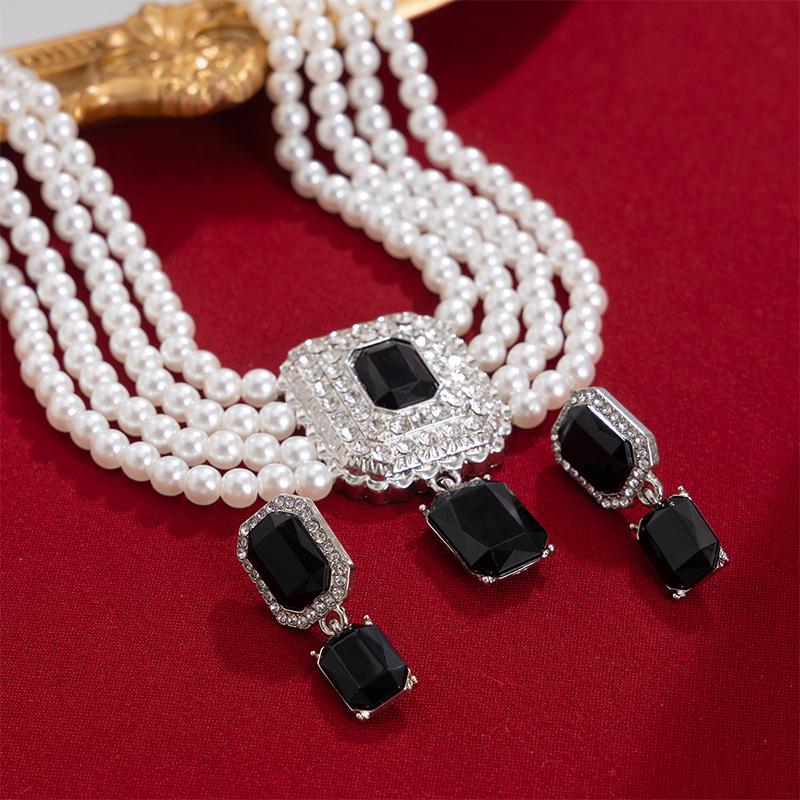 1Set Luxus Mehrschichtige Imitationsperlenkette Ohrringe Für Frauen Mädchen Temperament Schmuck Braut Strass Hochzeitsschmuck